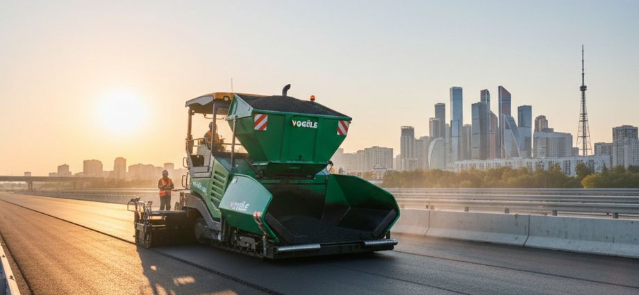Асфальтоукладчик Vogele Super 2100-3 укладывает асфальт на современной автомагистрали