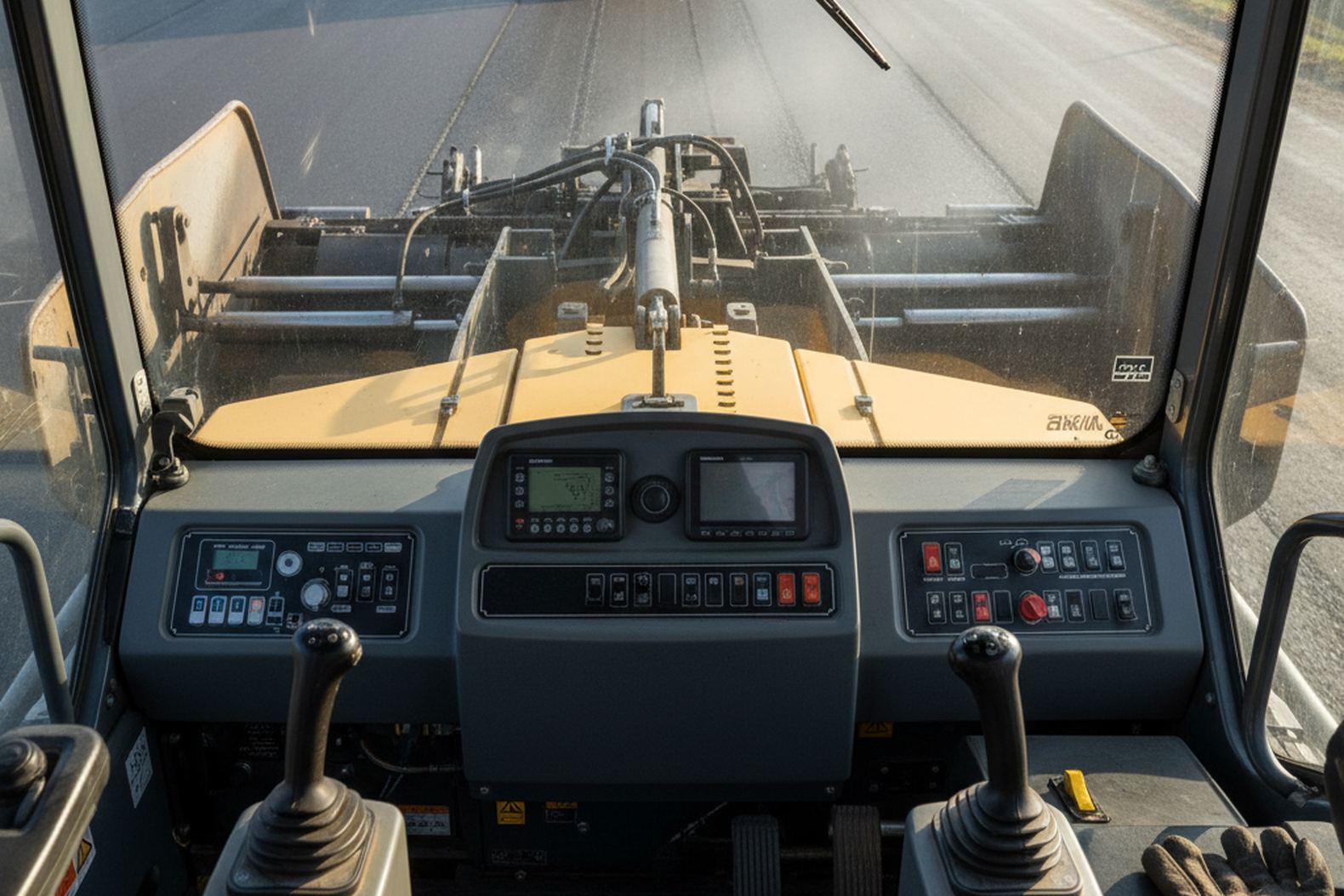 Рабочее место оператора Dynapac F121W/D во время укладки асфальта