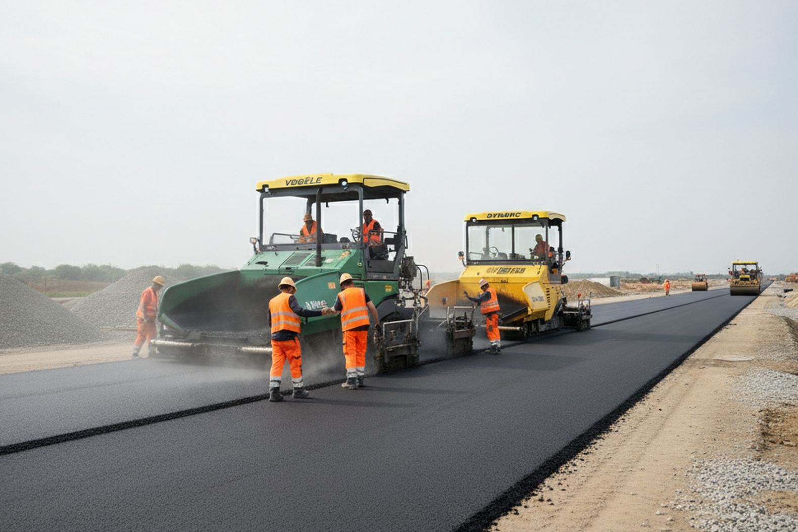 Асфальтоукладчики Vogele и Dynapac в процессе параллельной работы на строительстве дороги