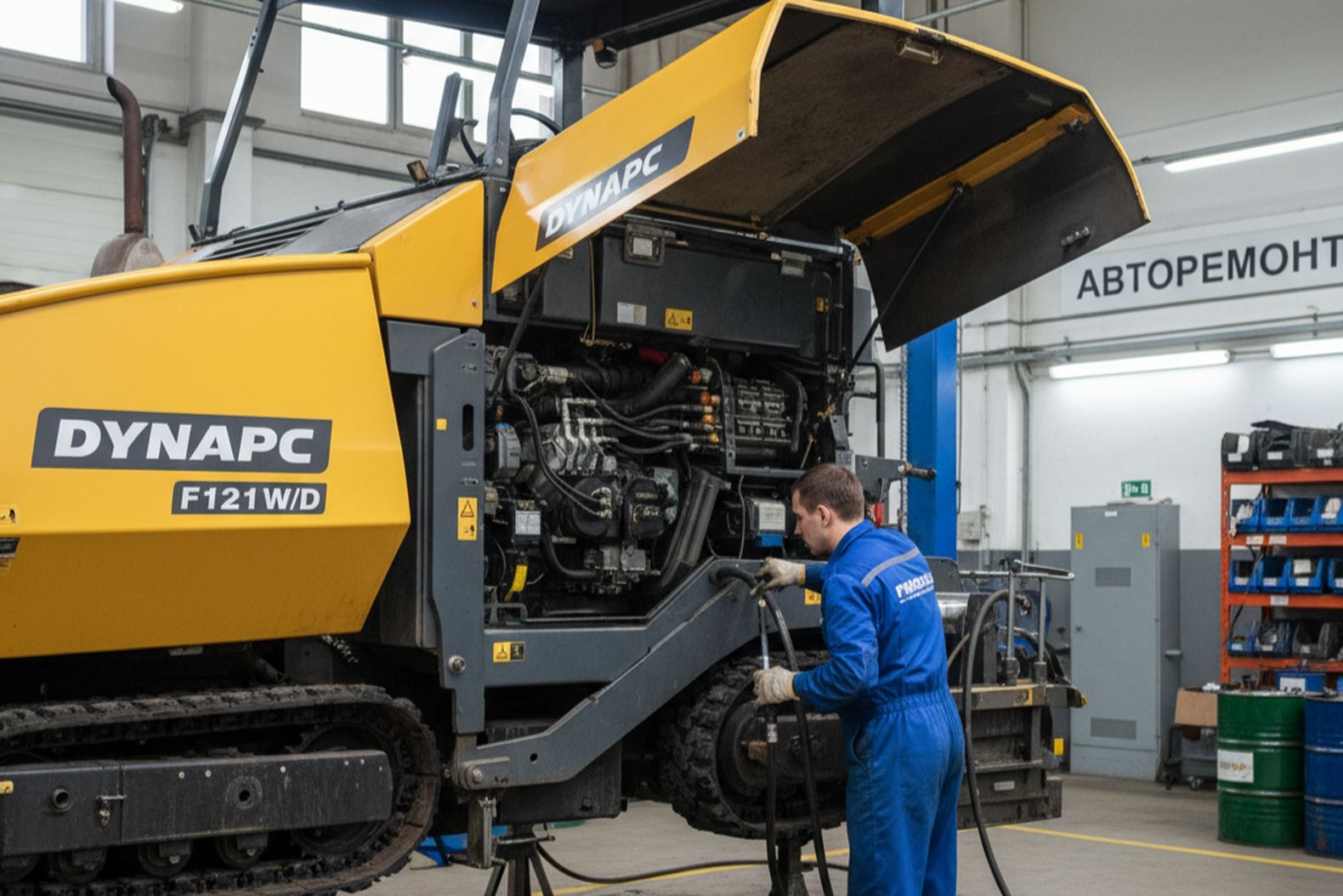 Обслуживание асфальтоукладчика Dynapac F121W/D в ремонтной мастерской