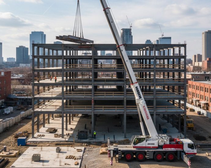 Мобильный автокран Liebherr LTM 1100 на строительной площадке бизнес-центра