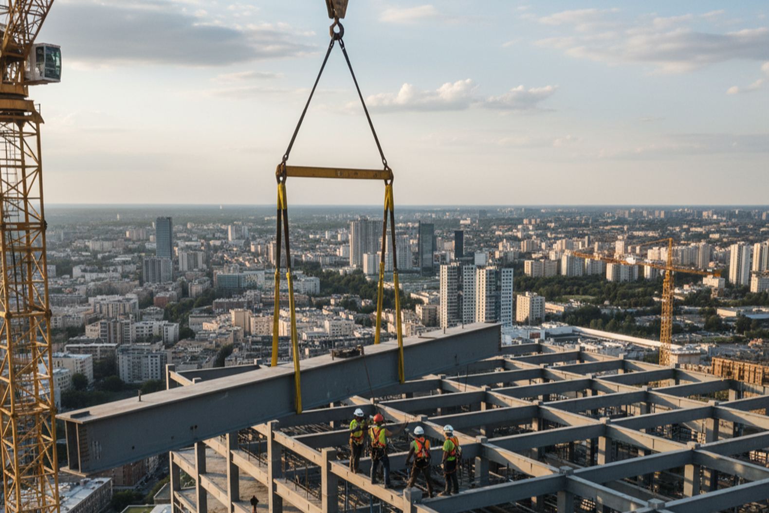 Монтаж металлоконструкций на высоте, команда монтажников и работа крана