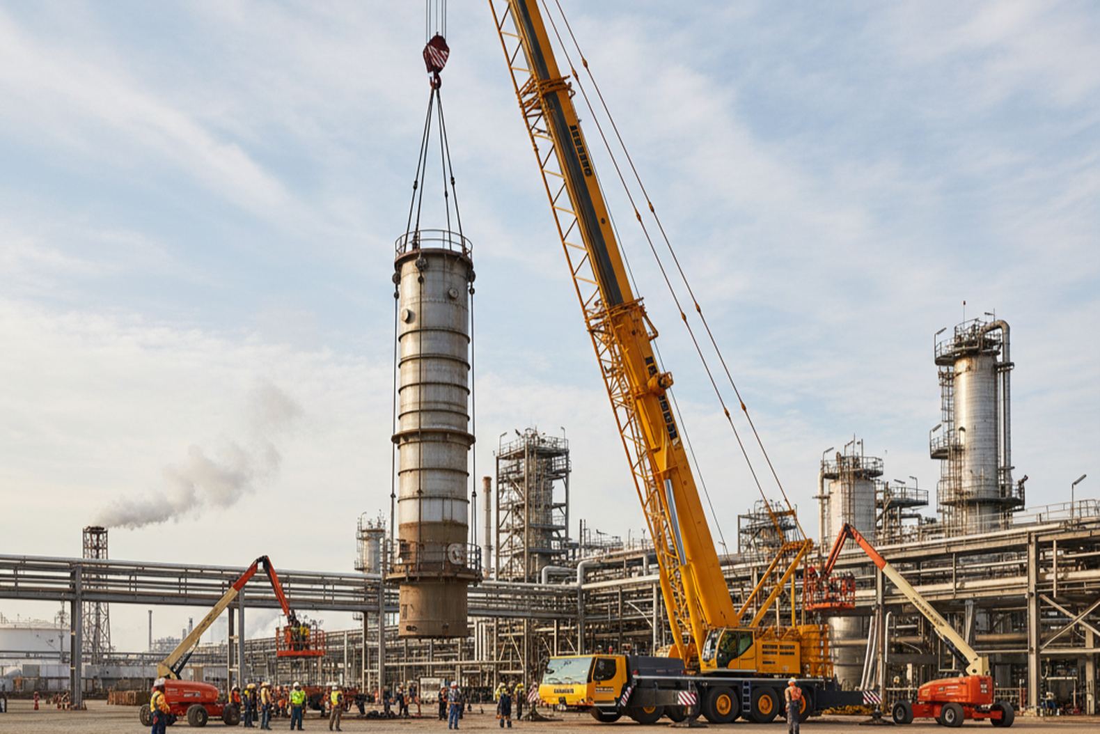 Liebherr LTM 1750 поднимает стальную колонну на нефтеперерабатывающем заводе