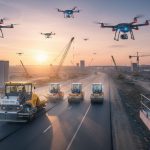 панорама современной стройки с автономной техникой и беспилотниками на рассвете