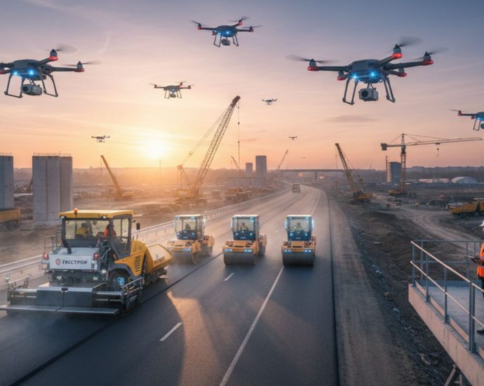 панорама современной стройки с автономной техникой и беспилотниками на рассвете