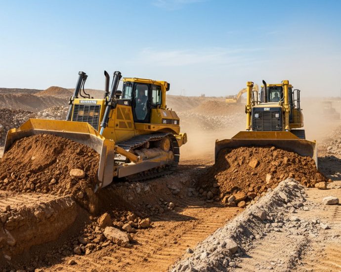 Бульдозеры Shantui SD32 и CAT D8T работают на строительной площадке