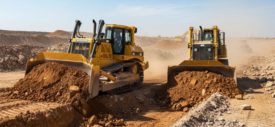 Бульдозеры Shantui SD32 и CAT D8T работают на строительной площадке