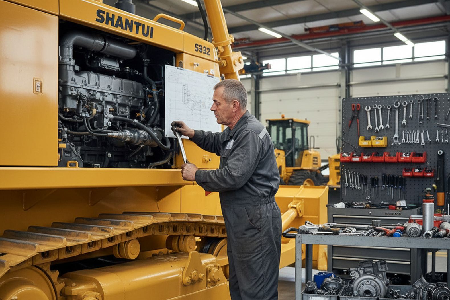 Обслуживание и технический осмотр бульдозера Shantui SD32 в мастерской