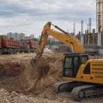 Гусеничный экскаватор CAT 320 на строительной площадке