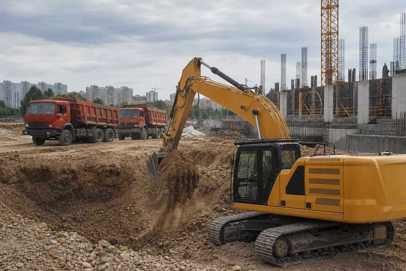 Гусеничный экскаватор CAT 320 на строительной площадке