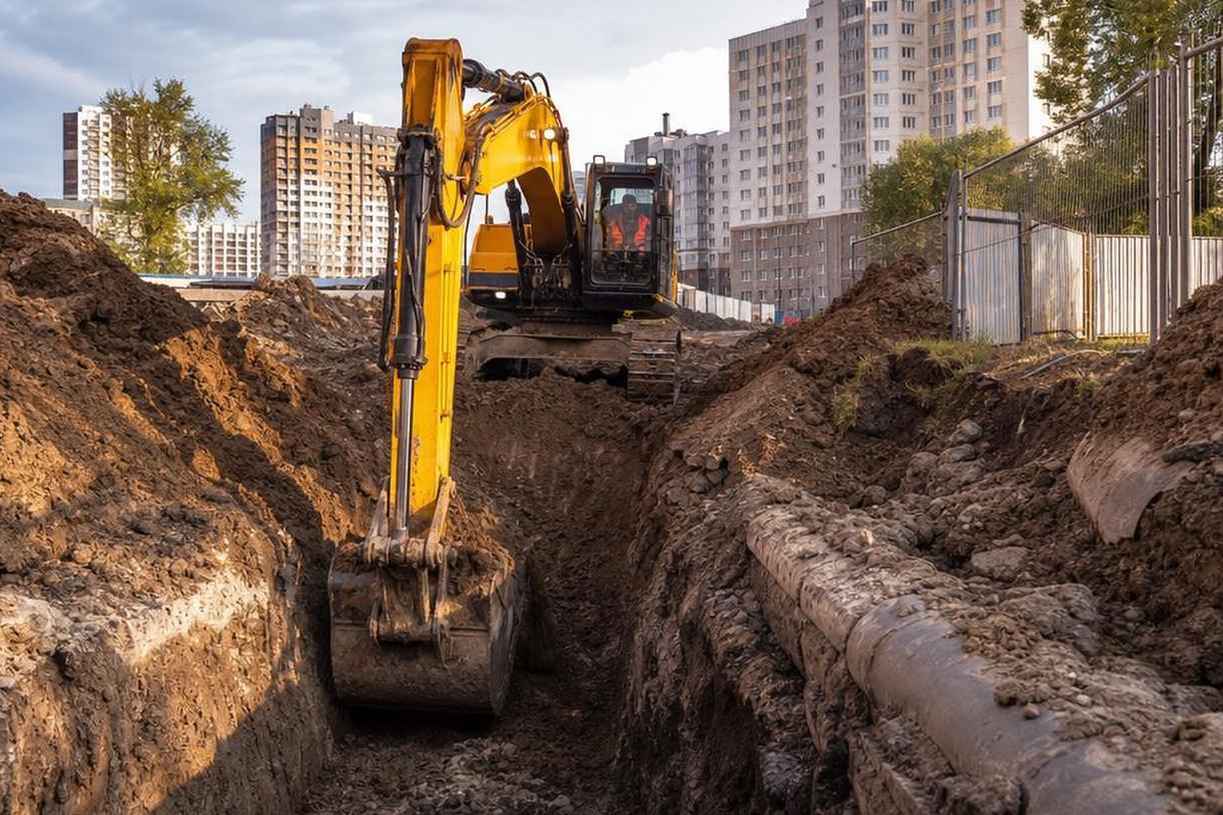 Экскаватор CAT 320 копает траншею в плотном грунте