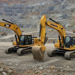 Экскаваторы Caterpillar 320 и Komatsu PC200 на карьерном участке в сравнении