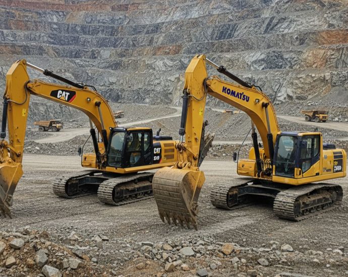 Экскаваторы Caterpillar 320 и Komatsu PC200 на карьерном участке в сравнении
