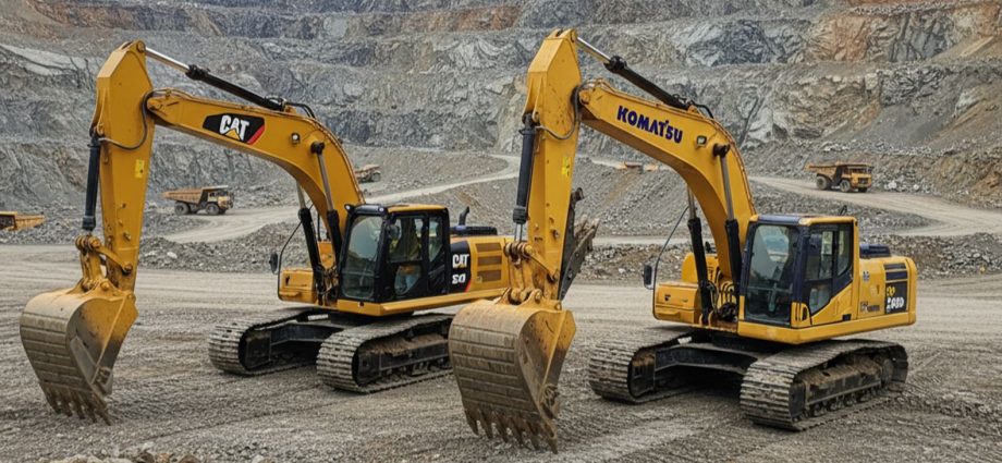 Экскаваторы Caterpillar 320 и Komatsu PC200 на карьерном участке в сравнении