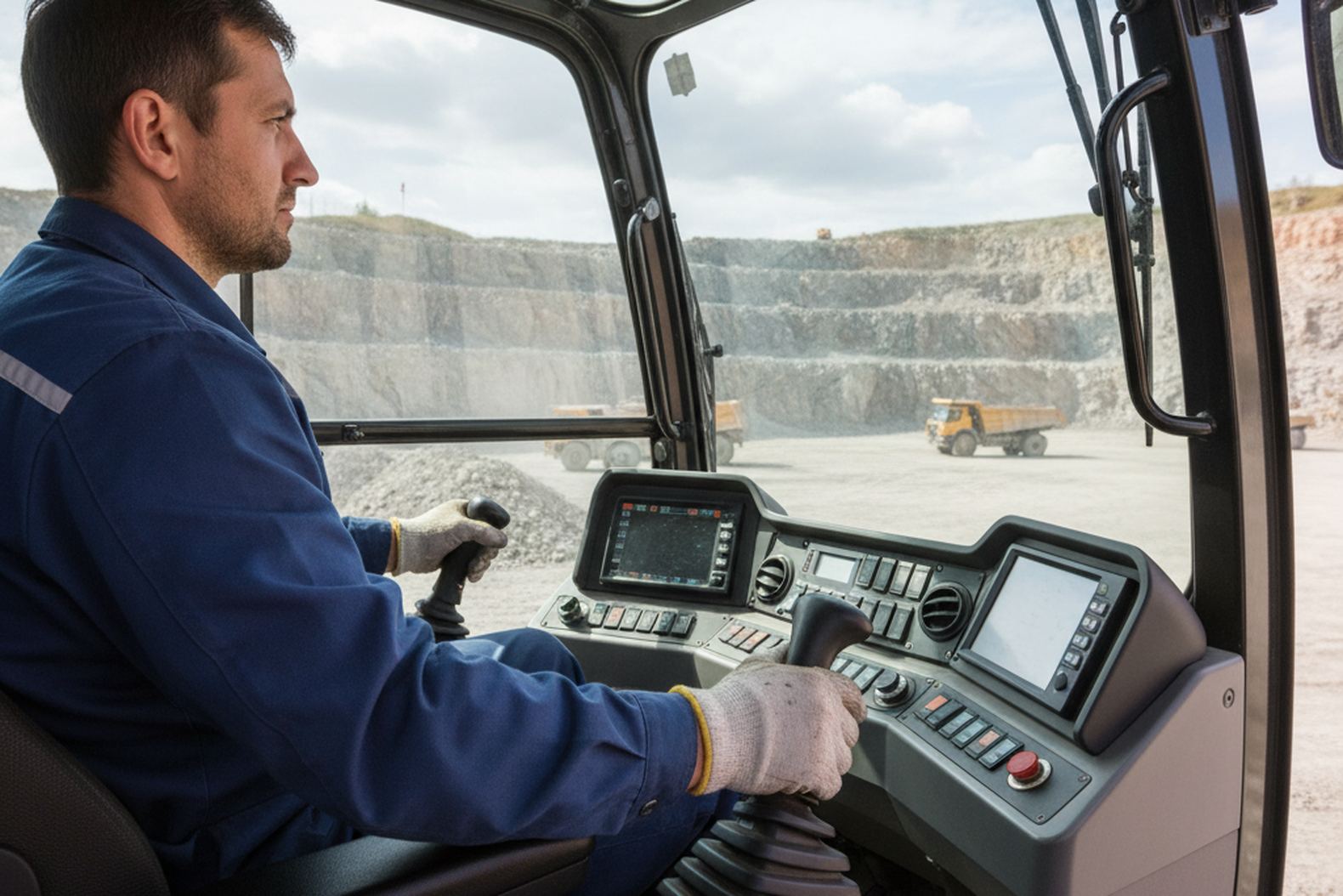 Оператор в кабине экскаватора Caterpillar 320 за работой