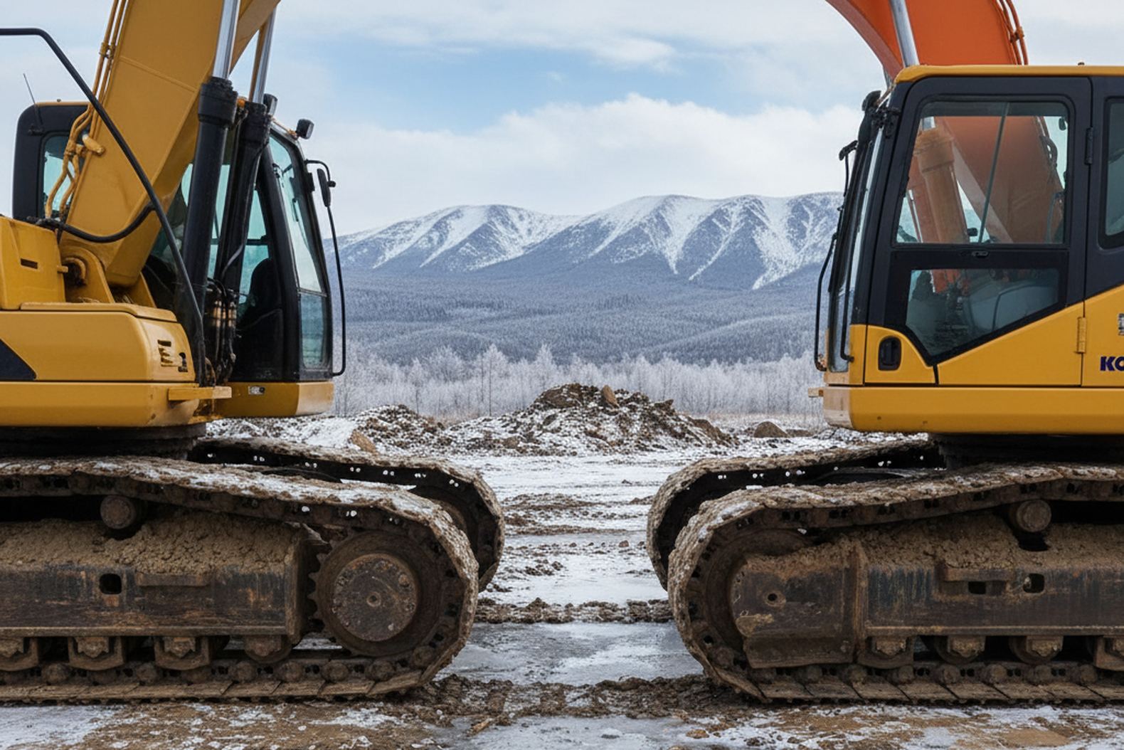Гусеничное шасси Caterpillar 320 и Komatsu PC200 на сложном рельефе карьера