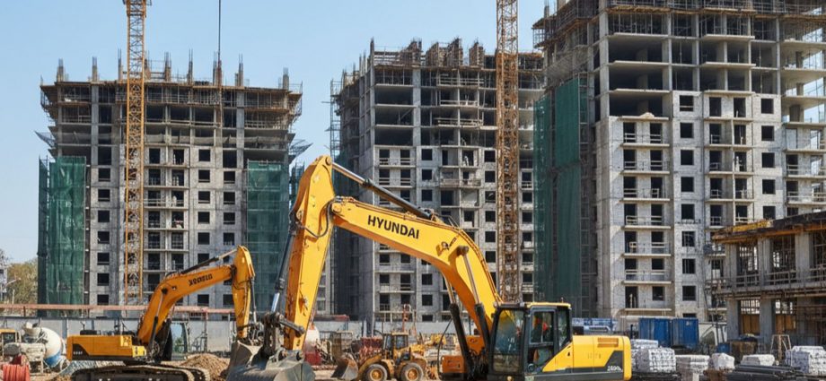 Современная строительная площадка с экскаваторами и высотками