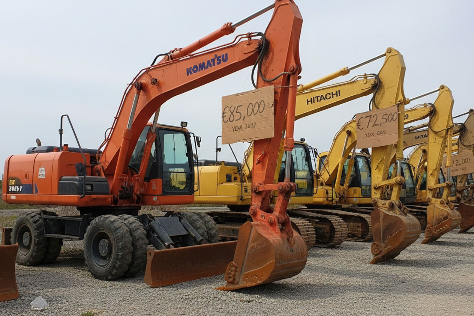 Парковка подержанных экскаваторов на продаже
