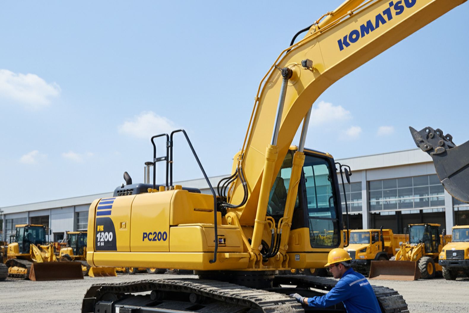 Осмотр экскаватора Komatsu PC200 механиком на площадке