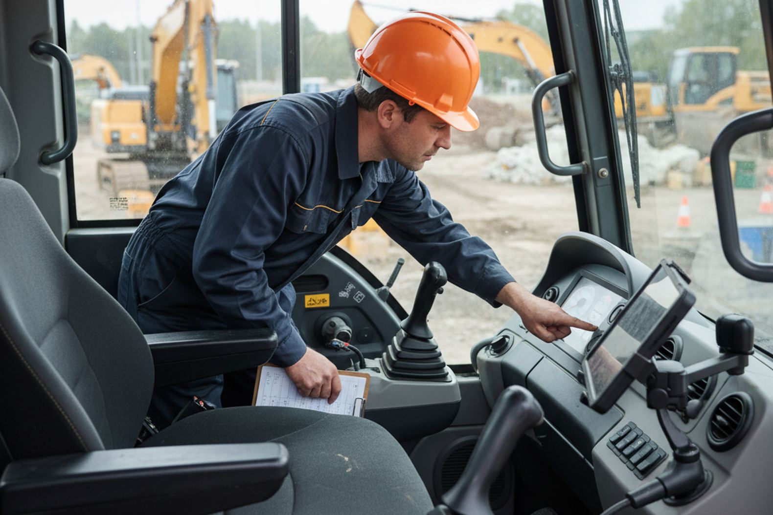 Экскаватор, кабина, проверка состояния сиденья и приборов