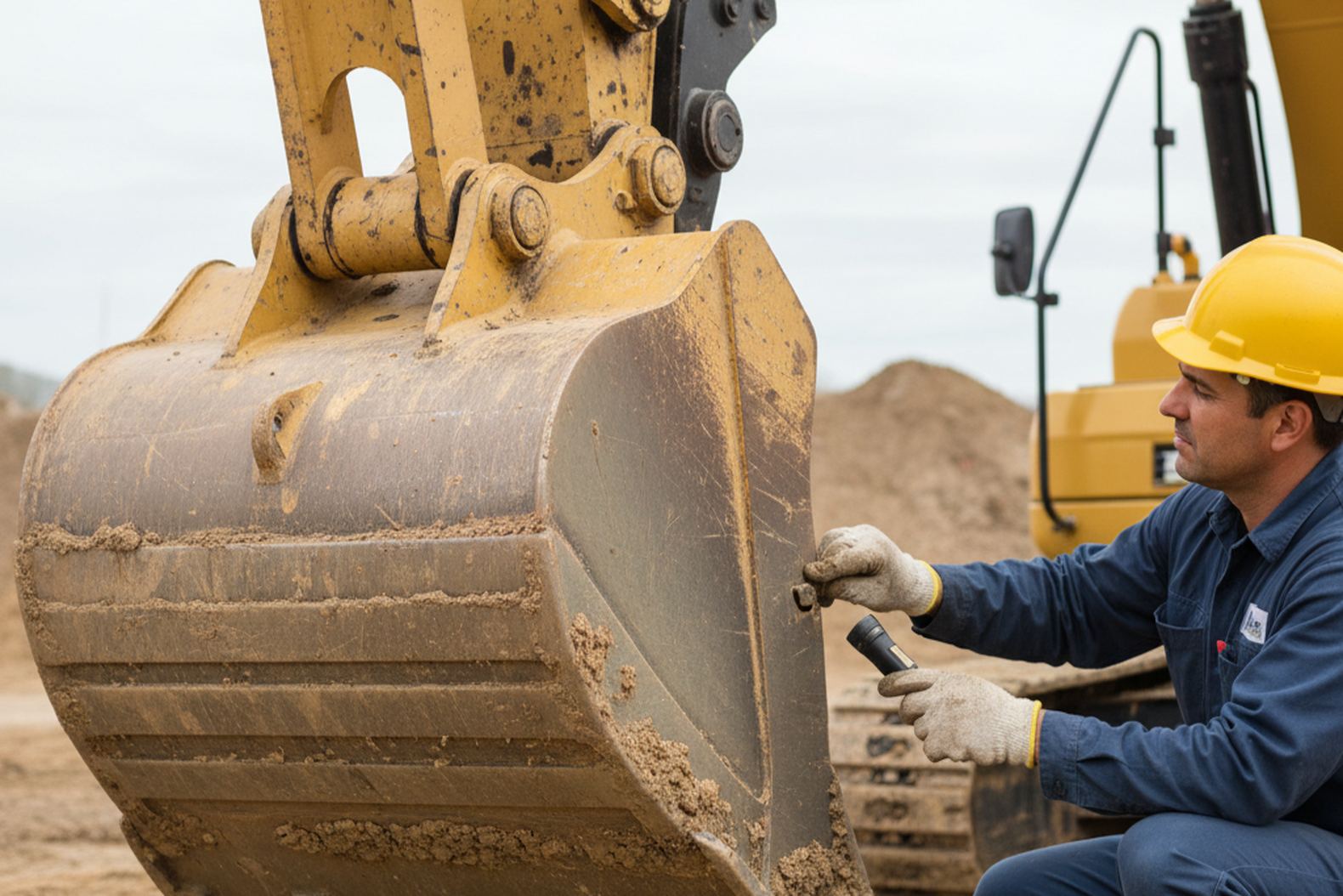 Диагностика ковша и соединительных пальцев экскаватора специалистом