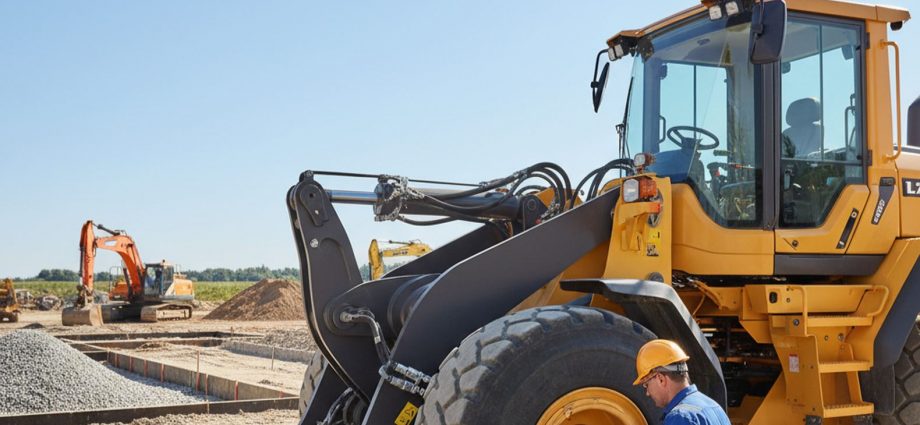 Фронтальный погрузчик VOLVO L120H на диагностике гидросистемы на строительной площадке