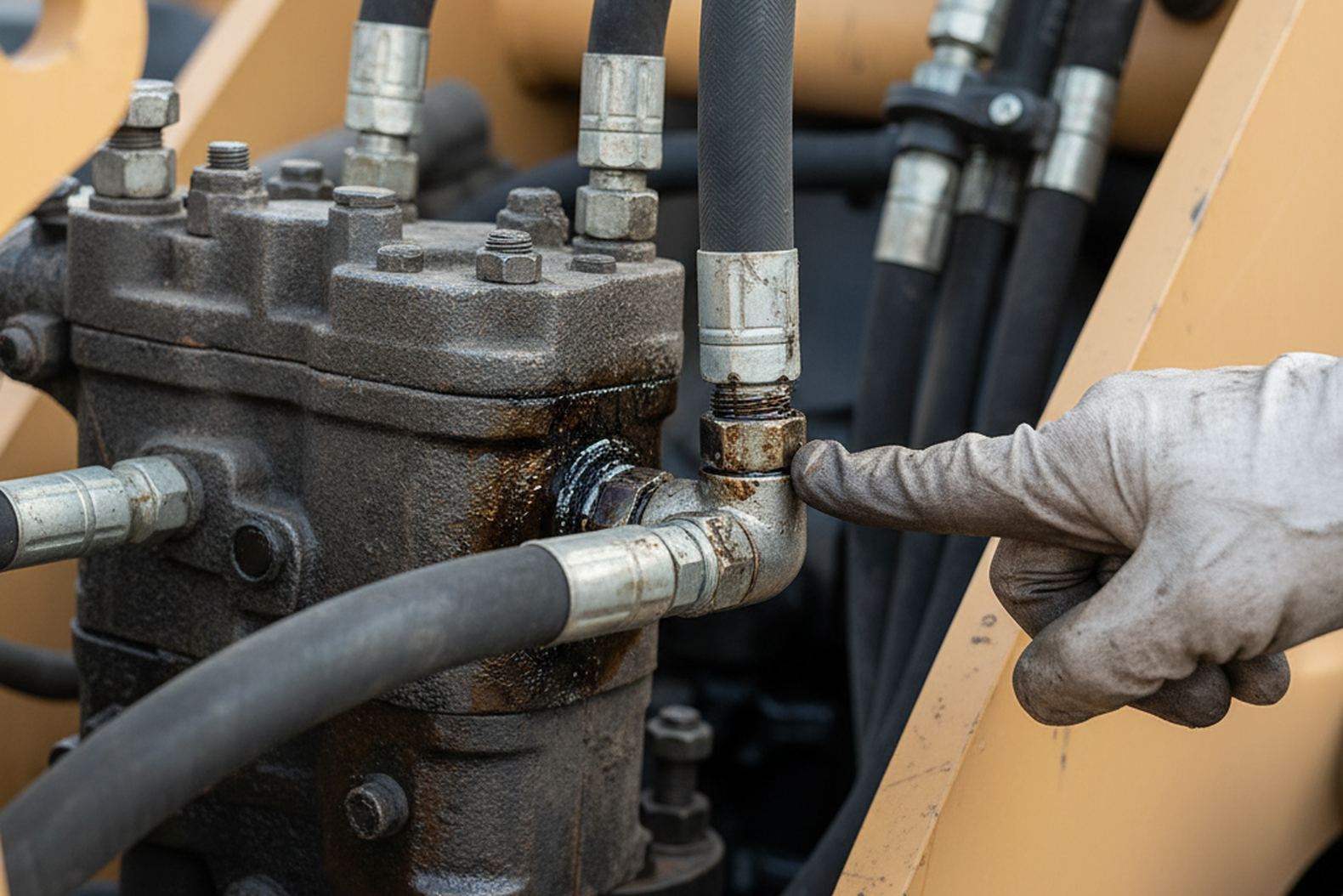 Гидравлические шланги и течь масла на колесном погрузчике CASE 621G при осмотре