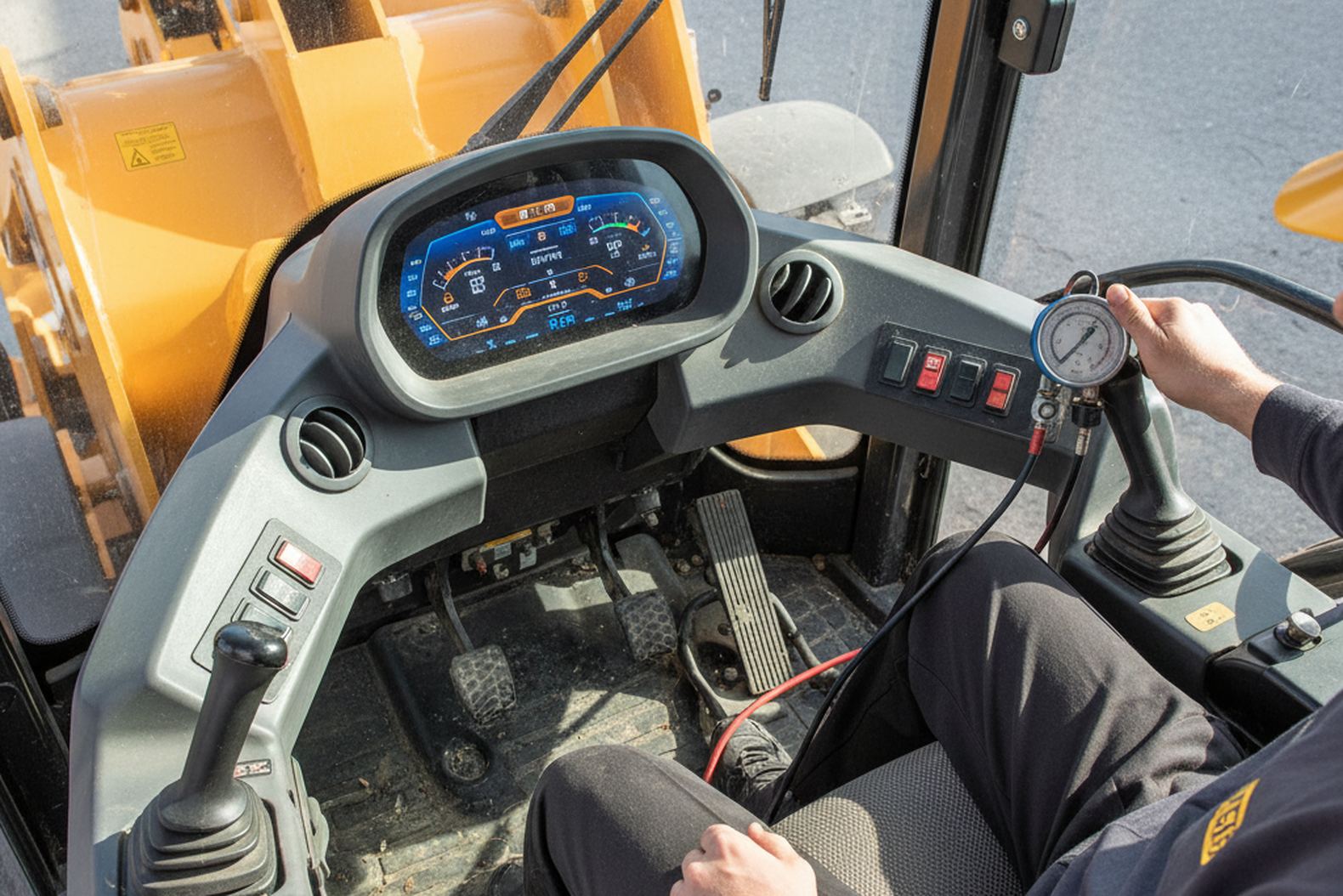 Оператор в кабине JCB 436 замеряет давление в гидросистеме погрузчика