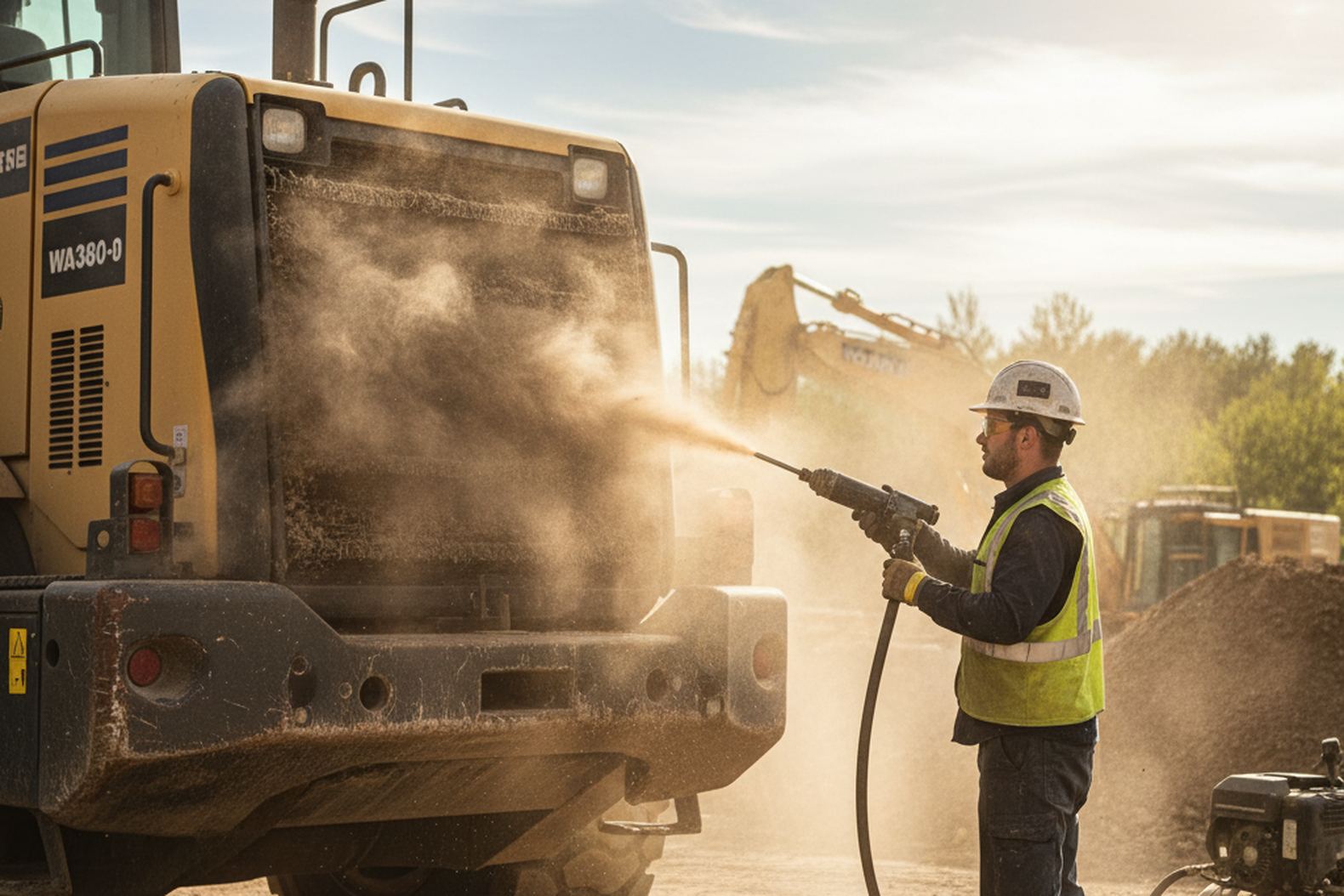 Техник очищает радиатор гидросистемы погрузчика KOMATSU WA380-8 на обслуживании