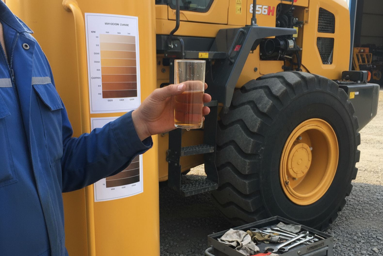 Проверка цвета гидравлического масла у погрузчика LIUGONG 856H для диагностики состояния системы