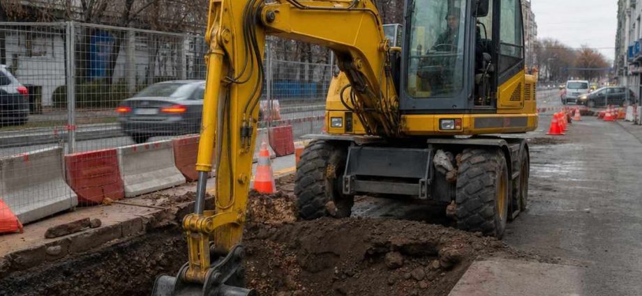 Колёсный экскаватор Hyundai R210W-9S на городской стройке
