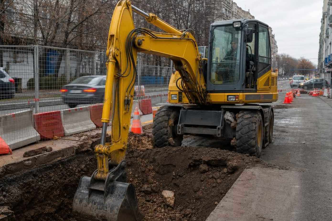 Колёсный экскаватор Hyundai R210W-9S на городской стройке