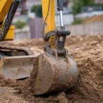 Ковш мини-экскаватора JCB врезается в грунт