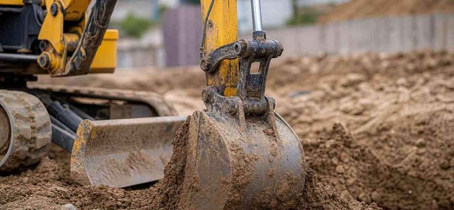 Ковш мини-экскаватора JCB врезается в грунт
