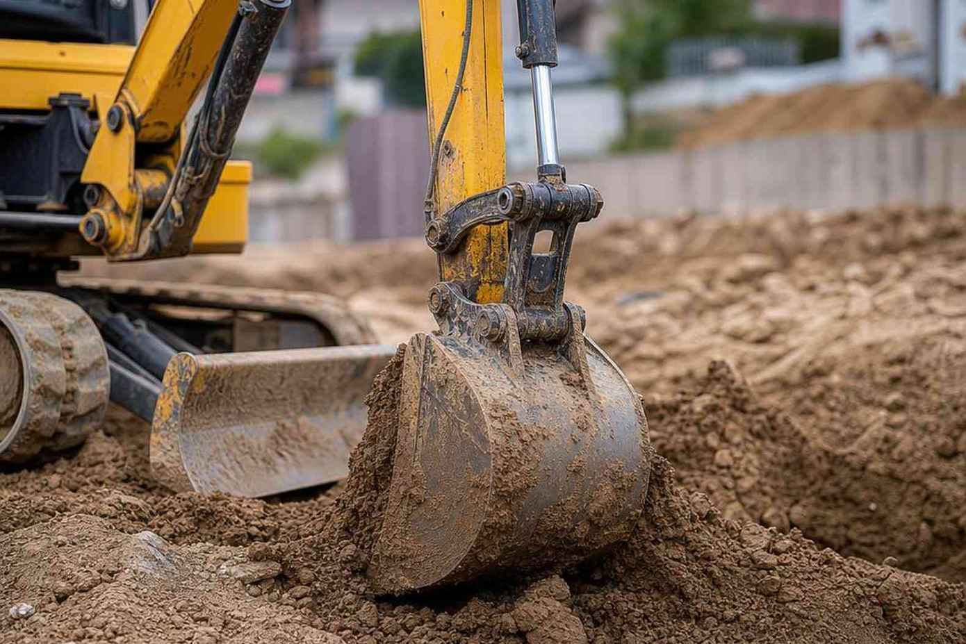 Ковш мини-экскаватора JCB врезается в грунт