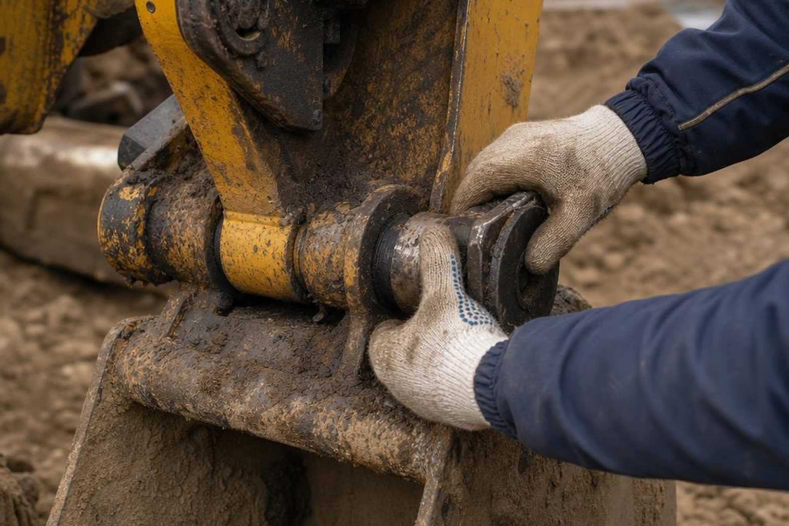 Рука механика у гидроцилиндра экскаватора Komatsu