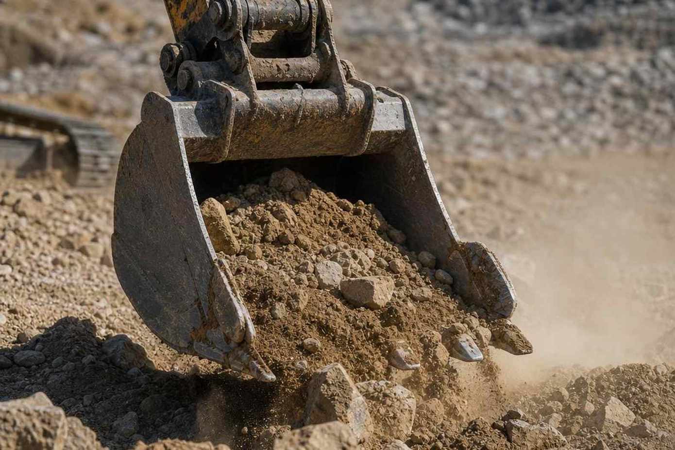 Ковш экскаватора Caterpillar в карьерном грунте