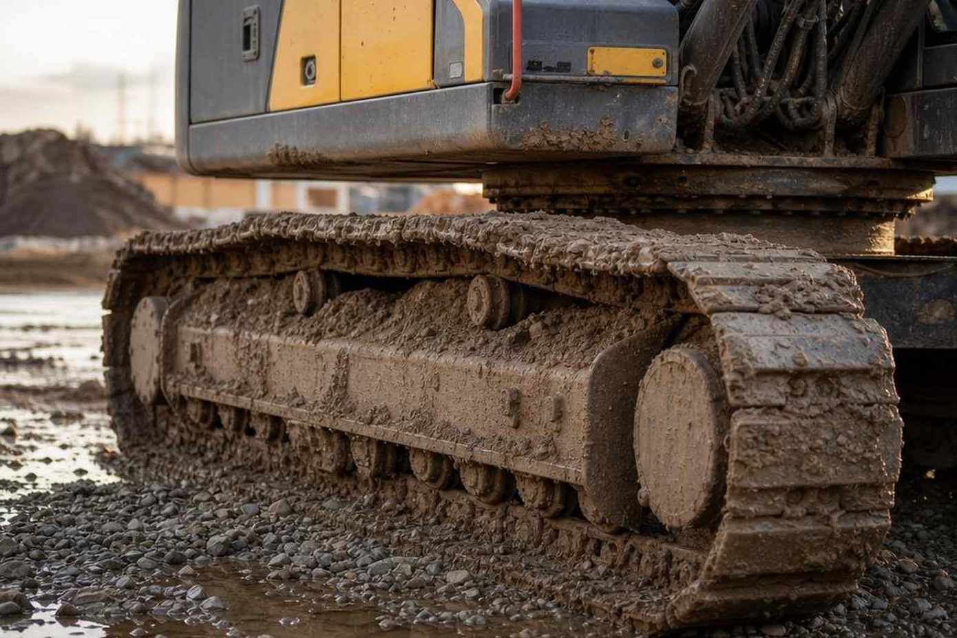 Гусеница экскаватора Volvo в грязи на стройке