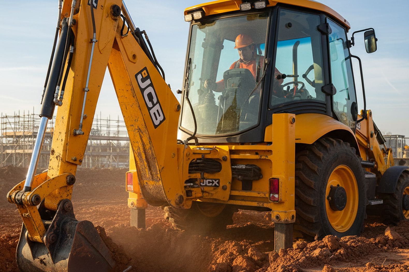 JCB экскаватор-погрузчик крупным планом, кабина и гидравлика