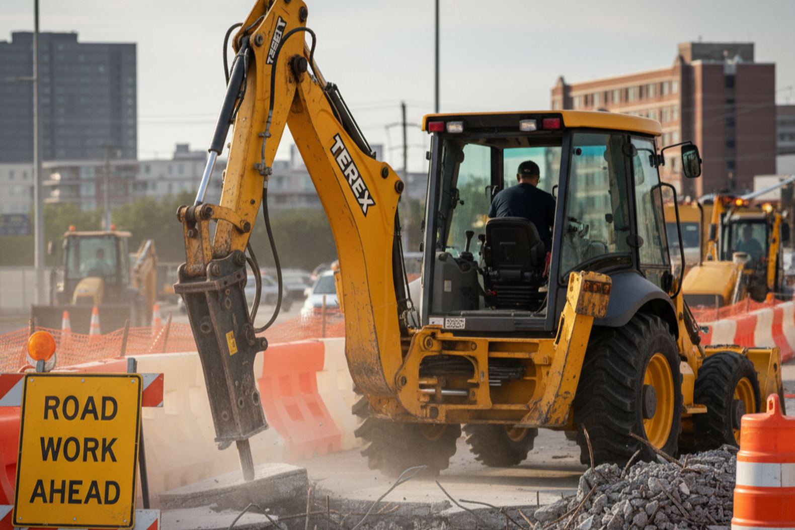 Terex экскаватор-погрузчик с гидромолотом, дорожные работы