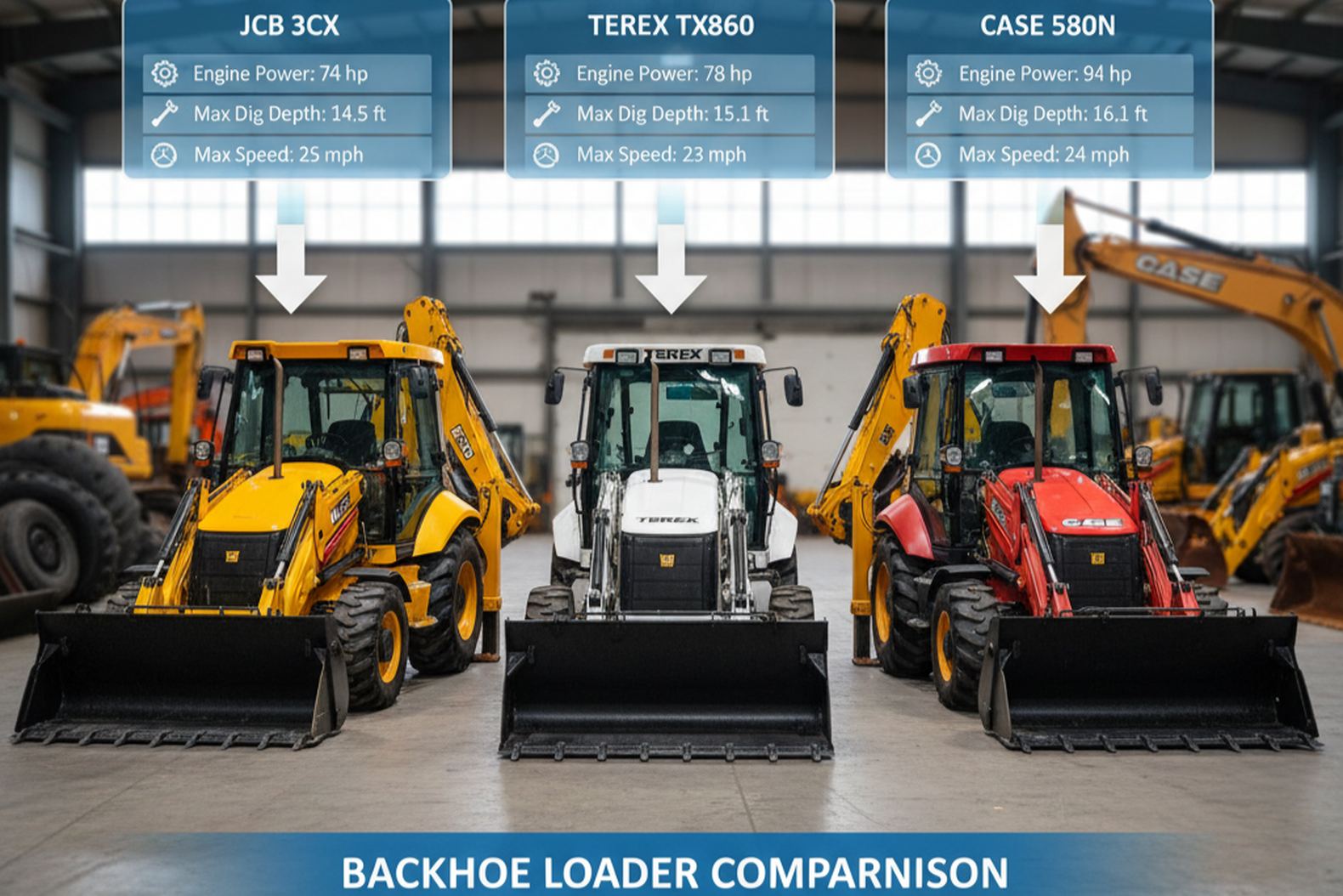 Техническое сравнение JCB, Terex, Case, таблица характеристик