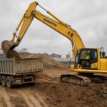 экскаватор Komatsu грузит грунт на стройплощадке