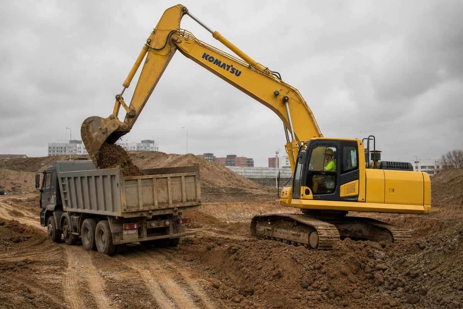 экскаватор Komatsu грузит грунт на стройплощадке