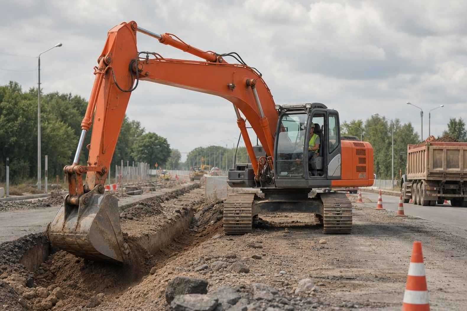 гусеничный экскаватор Hitachi копает траншею на дорожных работах