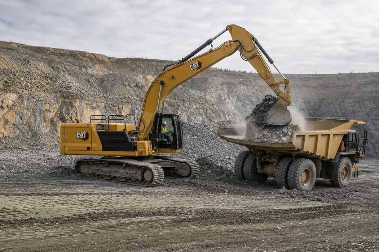экскаватор Caterpillar загружает горную породу в карьере