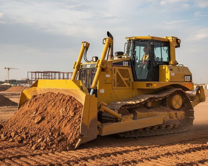 Гусеничный бульдозер Caterpillar D8T на строительной площадке
