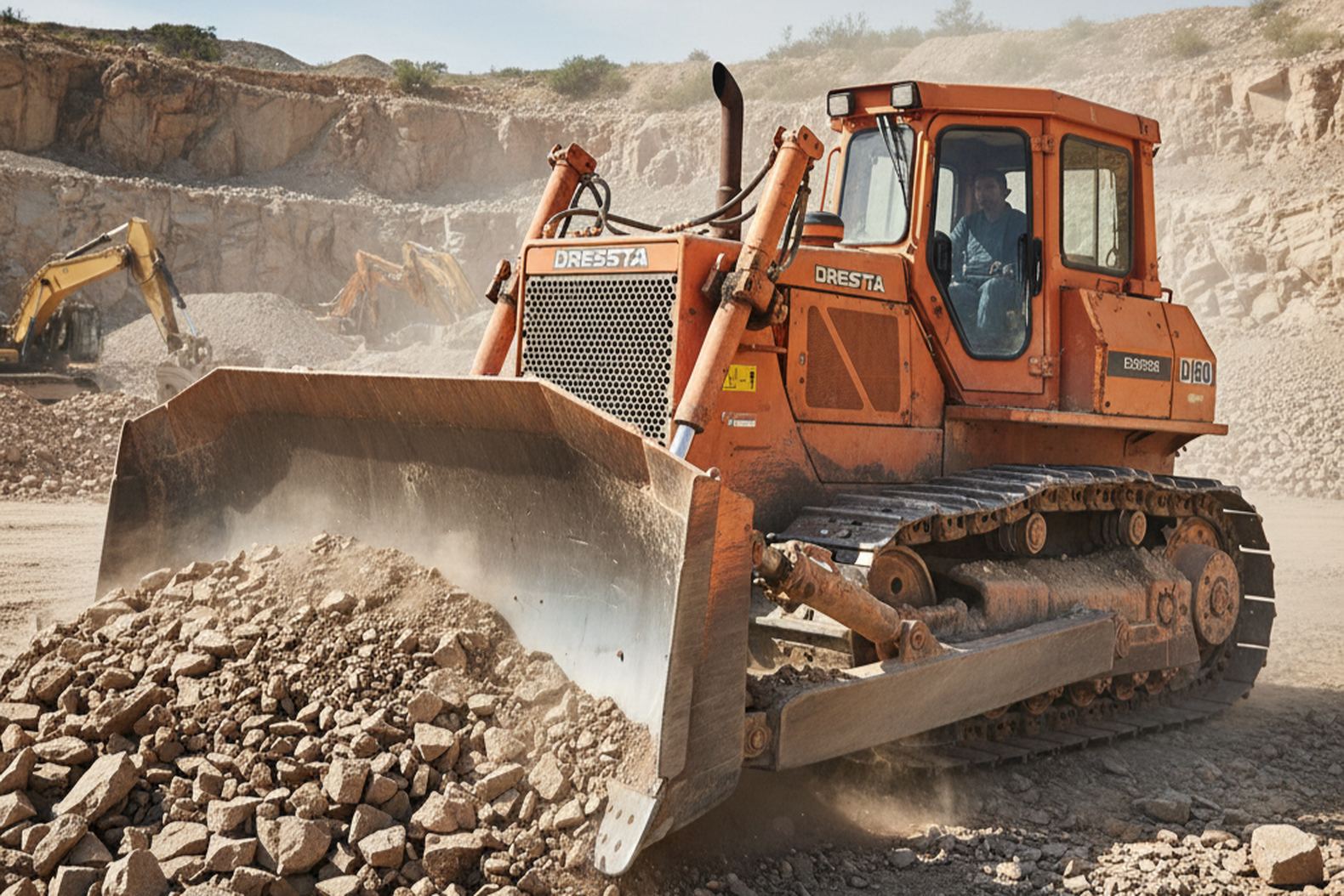 Бульдозер Dressta D160 выполняет работы в карьере на каменистой поверхности