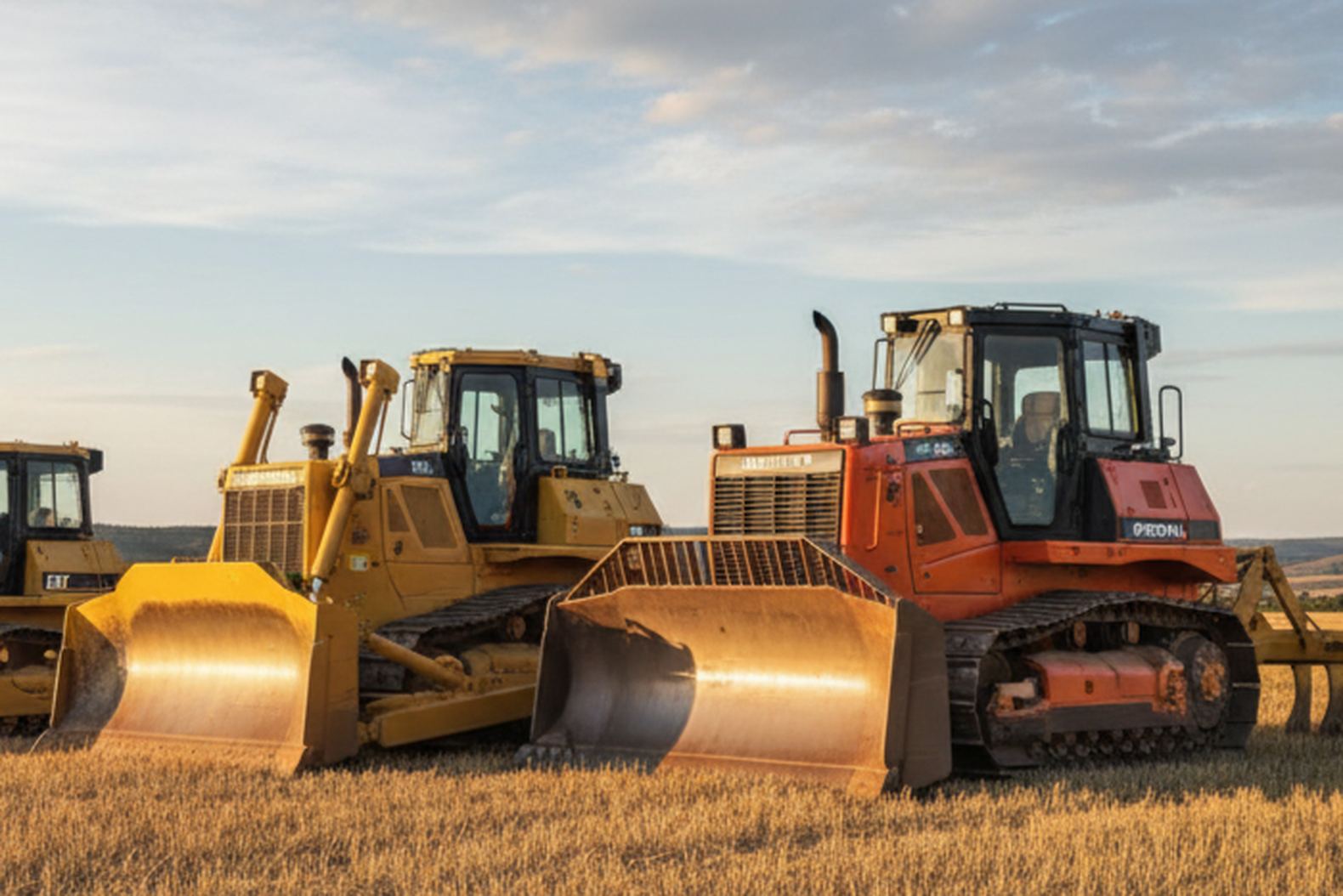 Сравнение гусеничных бульдозеров CAT D7, Shantui SD22 и Dressta D180 на фоне открытого пространства