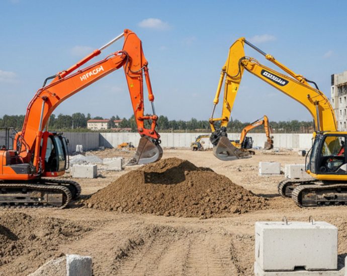 Два экскаватора Hitachi ZX350 и Doosan DX340 на строительной площадке