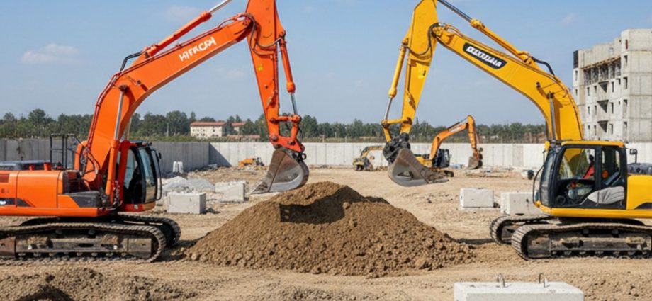 Два экскаватора Hitachi ZX350 и Doosan DX340 на строительной площадке